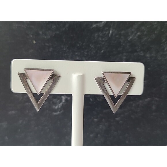 925 Sterling Silver MOP Triangular Stud Earrings Vintage - Picture 4 of 10